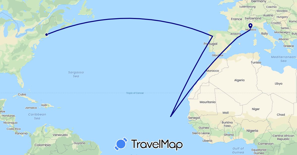 TravelMap itinerary: driving in Cape Verde, Spain, France, Portugal, United States (Africa, Europe, North America)